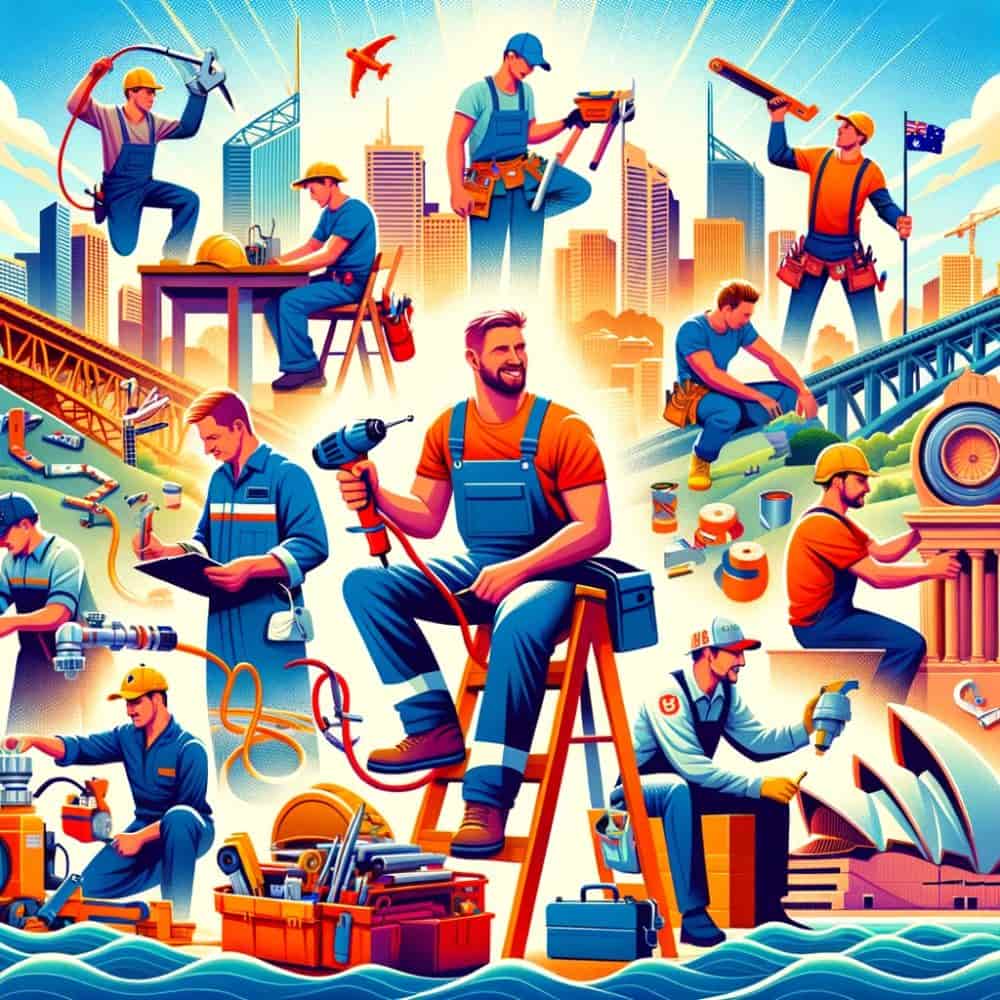 The image showcases a montage of various trades in action, such as an electrician, plumber, and carpenter, each depicted in a dynamic and positive manner